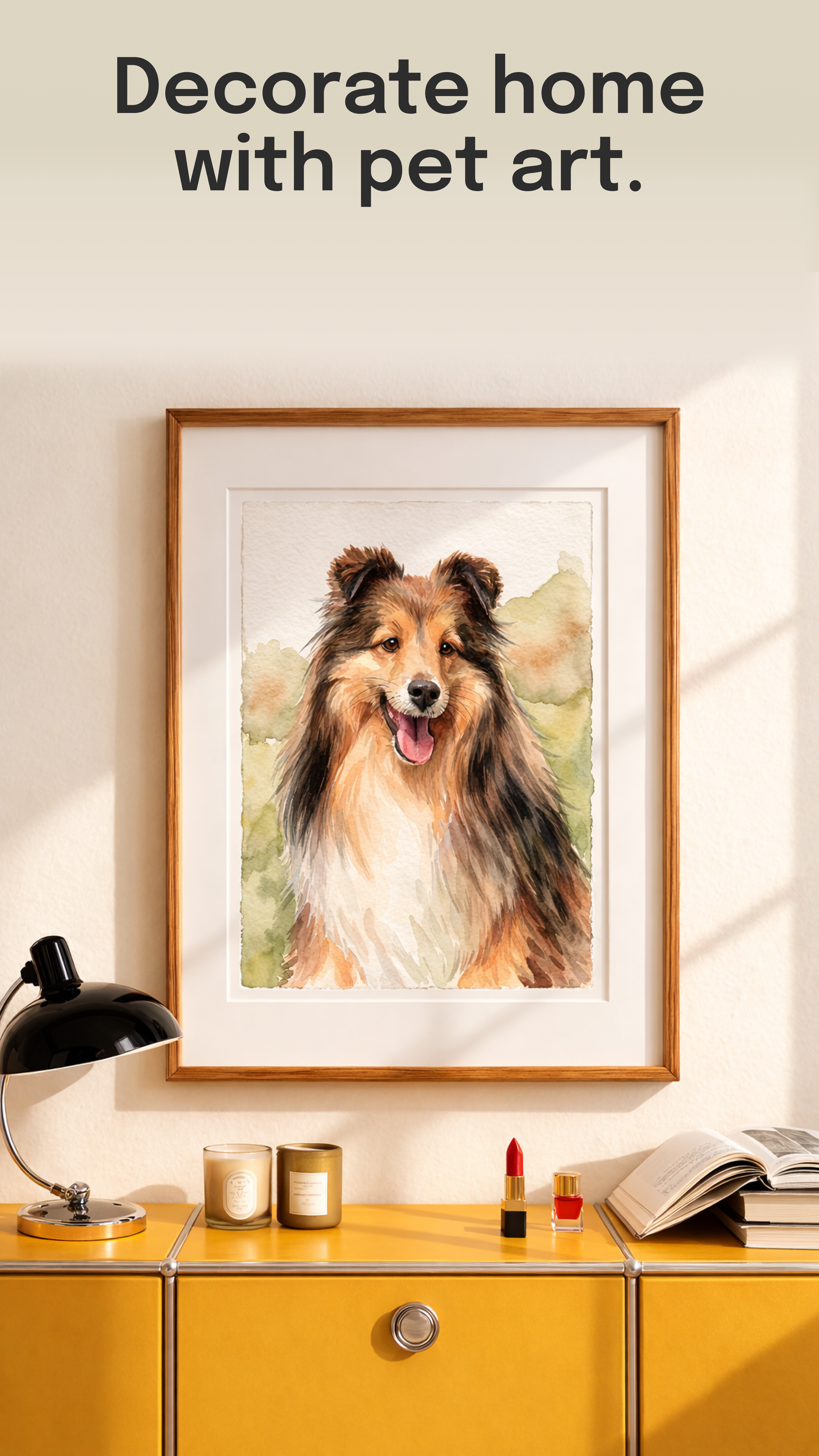 Decorate home with pet wall art — watercolor collie in a frame