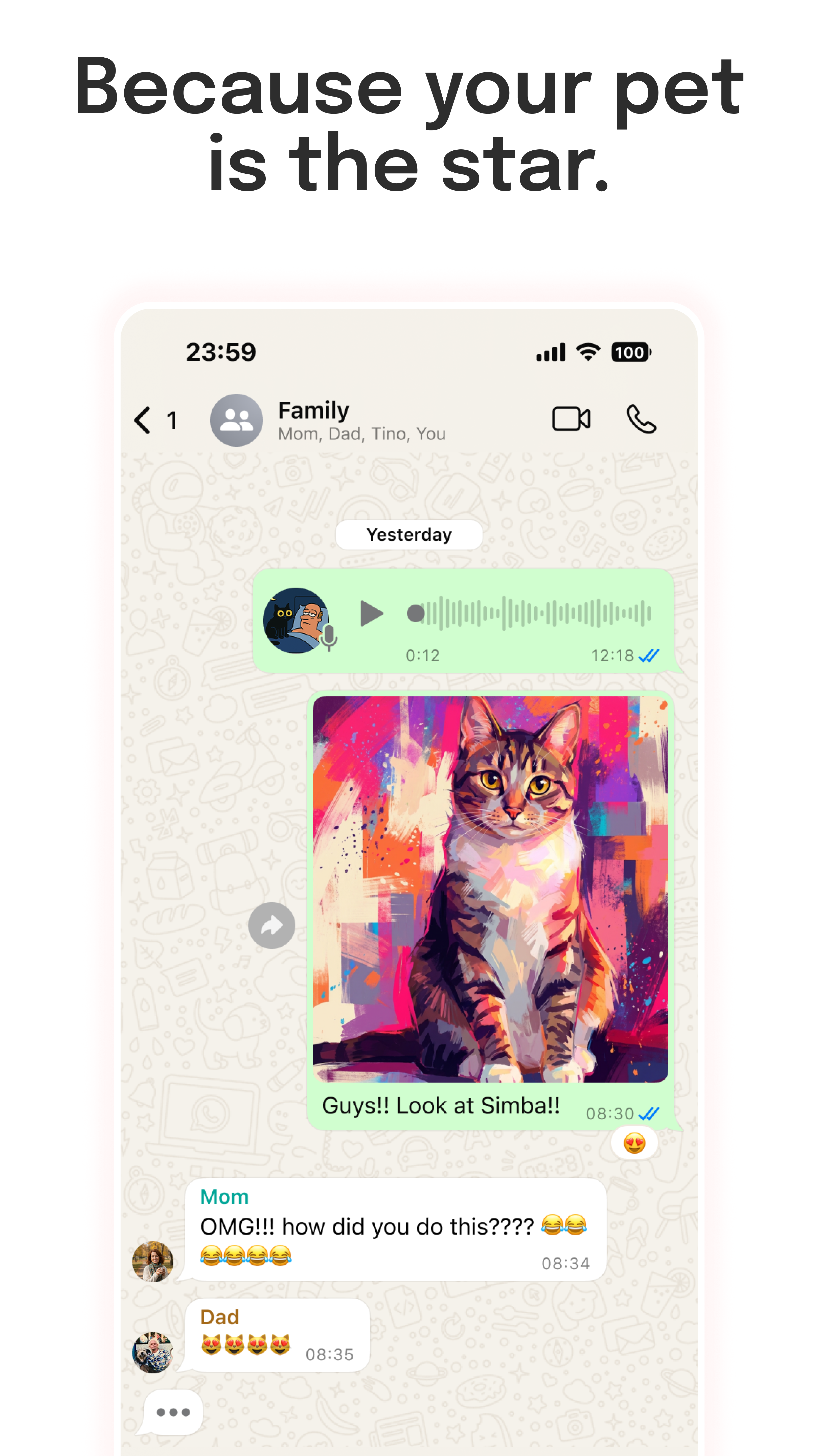Sharing a pet portrait on a family chat